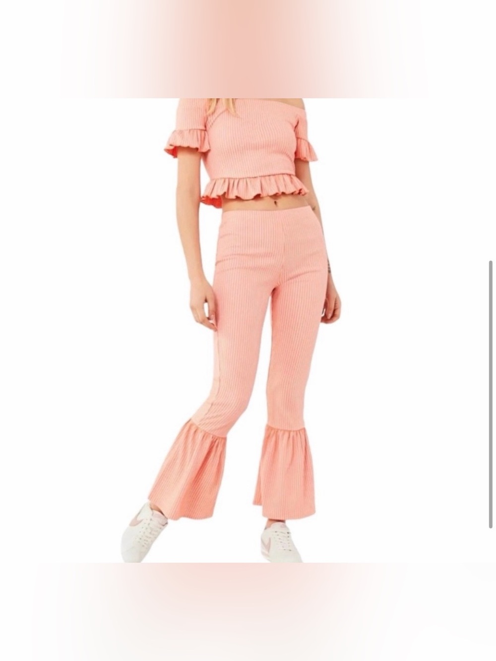 Urban Outfitters Ribbed Ruffle 2-Piece Set - Off-The-Shoulder & Flare Pants